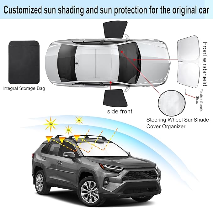 3PCS Car Window Shades Front Windshield Sun Shade Foldable Window Shade Custom Fit for Toyota RAV4 2019-2024 Accessories Car Shades for Front Windows Anti-UV Rays Block Heat