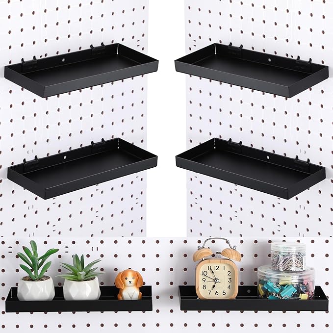 Blulu 4 Pcs Pegboard Shelves, 10 x 4 Inch Metal Heavy Duty Wall Mounted Pegboard Shelf Tray Accessories with Lip for Craft Ro