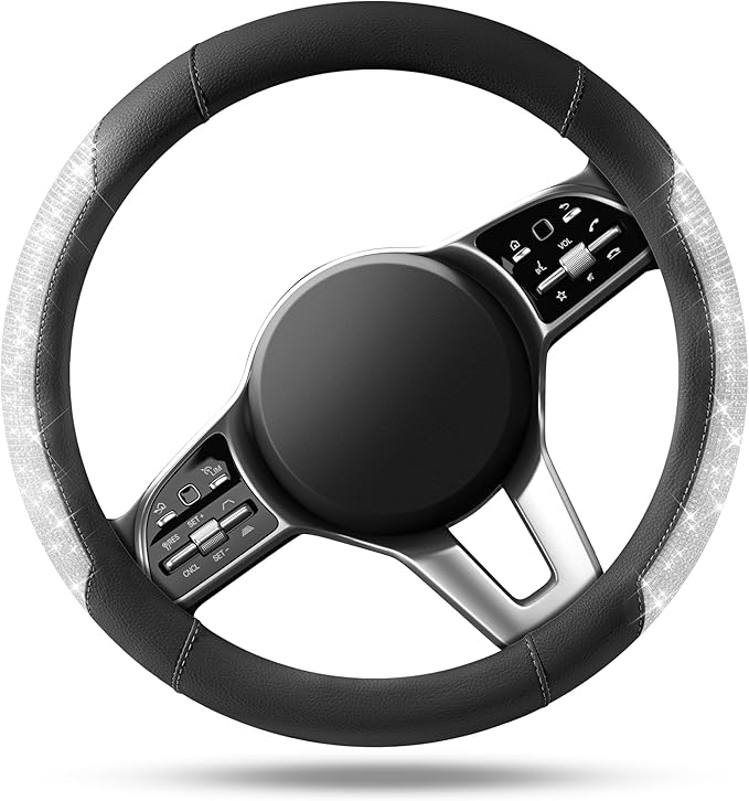 PIC AUTO Steering Wheel Cover, Sparkly Crystal Bling Glitter with Black Leather, Universal Fit 14.5"-15.5" Car Steering Wheel