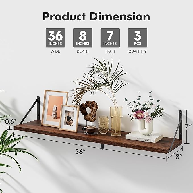 Floating Shelves for Wall, 36W x 8D Wide Bookshelf with Brackets Set of 3, Wood Wall Mounted Shelves for Living Room, Kitchen