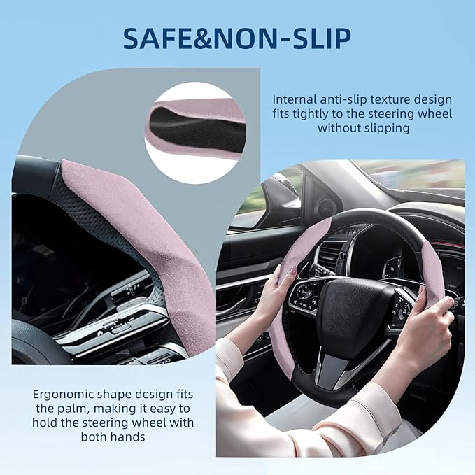 Suede Steering Wheel Cover with Anti-Slip Lining and Segmented Design 2pcs Universal Steering Wheel Protector for Men and Wom