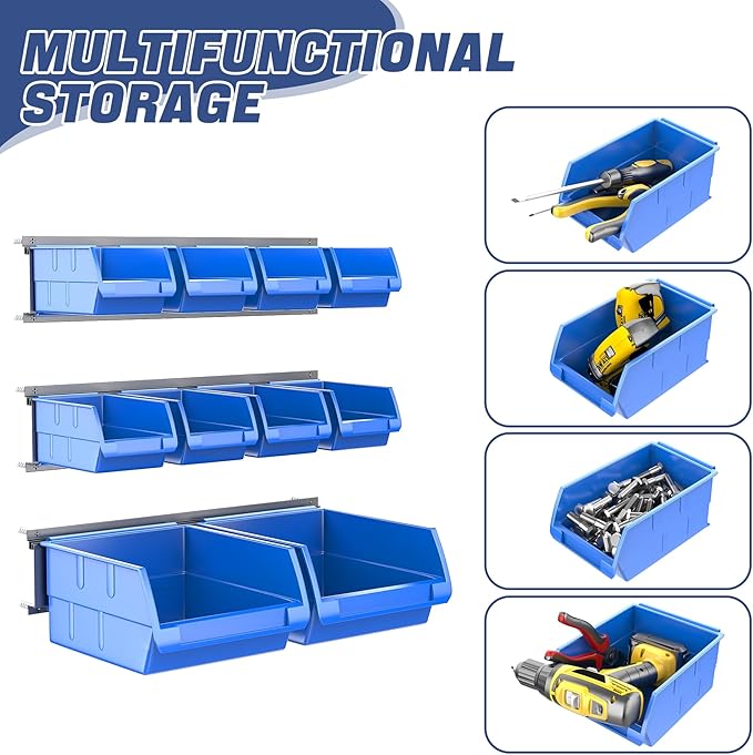 WALMANN Wall Mounted Storage Bins for Small Parts, 10 Bins with 3 Metal Rails, Plastic Wall Bins for Screws, Bolts, Nuts, Cra