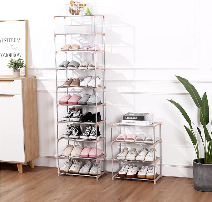 Jucaifu Stackable Small Shoe Rack, Entryway, Hallway and Closet Space Saving Storage and Organization (10-Tier, Pink)