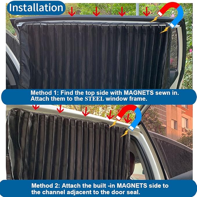 Ovege Car Side Window Sun Shade Car Curtain Pleated Silky Suction Magnetic (Black-Opaque, Front Seat 2pcs)