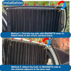 Ovege Car Side Window Sun Shade Car Curtain Pleated Silky Suction Magnetic (Black-Opaque, Front Seat 2pcs)
