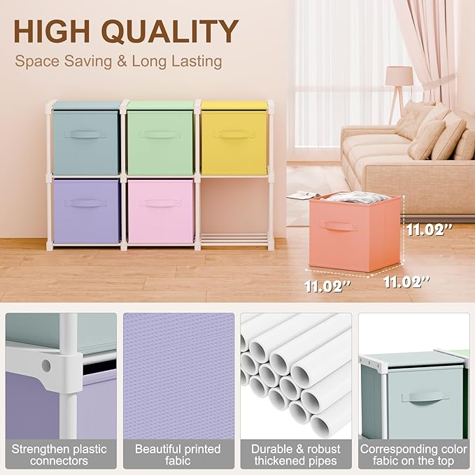 6 Cube Storage Organizer with Shelf Back to School Boxes 11 Inch Toy Storage Bins Closet Organizers Drawers Fabric Dresser fo