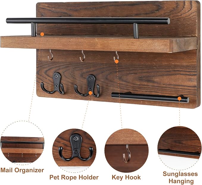 OurWarm Wall Mounted Key Holder/Hangers for Wall Decorative with 5 Key Hooks, Wooden Mail Rack Organizer with Shelf, Rustic H