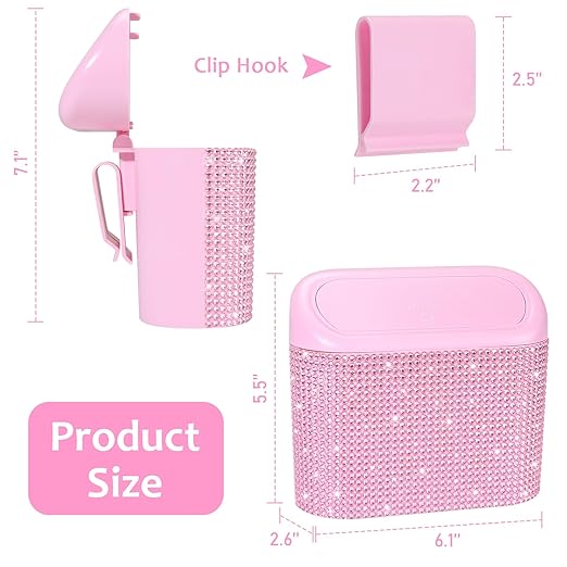 Accmor Bling Pink Car Trash Can with Lid, Mini Auto Garbage Storage Bin with 60 Trash Bags, Small Car Garbage Container Bin, Sparkling Crystal Vehicle Dustbin for Front Back Seat Accessories for Cars