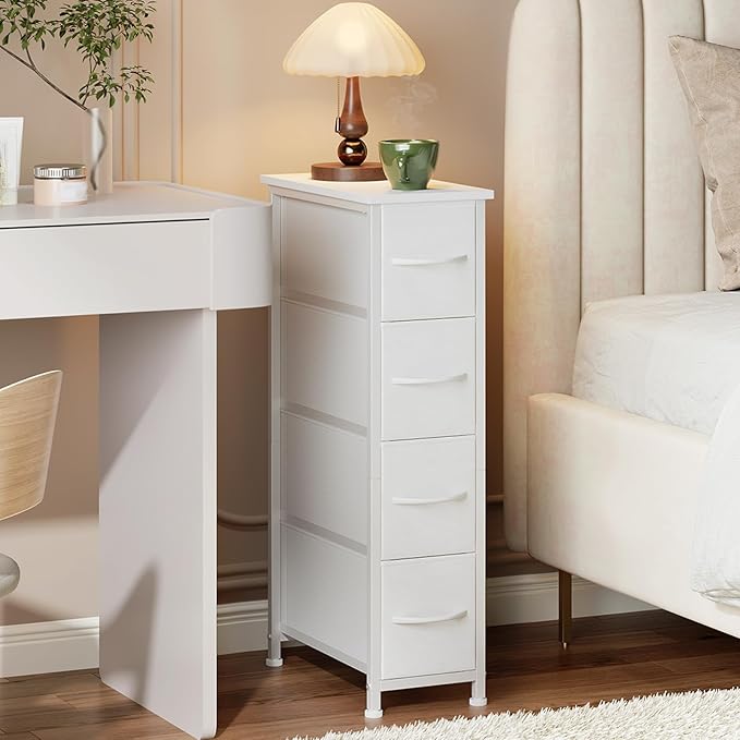 Somdot Narrow Dresser with 4 Drawers, Slim Storage Organizer Chest of Drawers with Removable Fabric Drawers for Small Spaces 