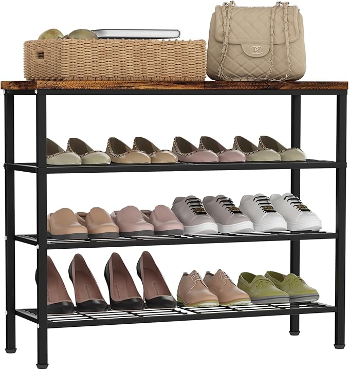 4-Tier Metal Shoe Rack with Wood Top - Durable & Space-Saving Shoe Organizer,Industrial Shoe Organizer Shelf Bench Storagefor