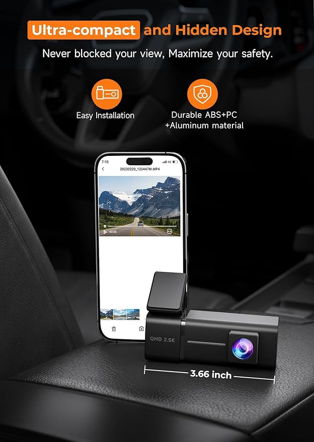 Dash Cam, 2.5K WiFi Dash Camera for Cars, E-YEEGER Mini Dashcam with App, Front Car Camera, G-Sensor, Loop Recording, Night V