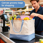 Reusable Grocery Bags Heavy Duty, 8.3 gal Foldable Large Canvas Tote Bag with Handles, Holds 60 lbs Canvas Shopping Bags, 1 Pack（Off White+Light Blue）