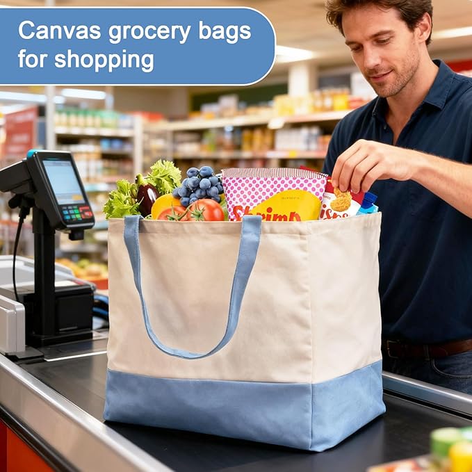 Reusable Grocery Bags Heavy Duty, 8.3 gal Foldable Large Canvas Tote Bag with Handles, Holds 60 lbs Canvas Shopping Bags, 1 Pack（Off White+Light Blue）