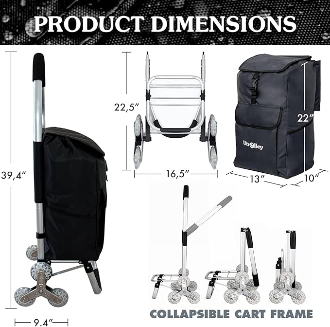 Ultra-Lightweight Foldable Stair-Climbing Shopping Cart for Groceries - 42L Capacity, Six Wheels, Removable Insulated Bag, Durable Aluminum Frame,Multi-Function Personal Hand Truck, Black