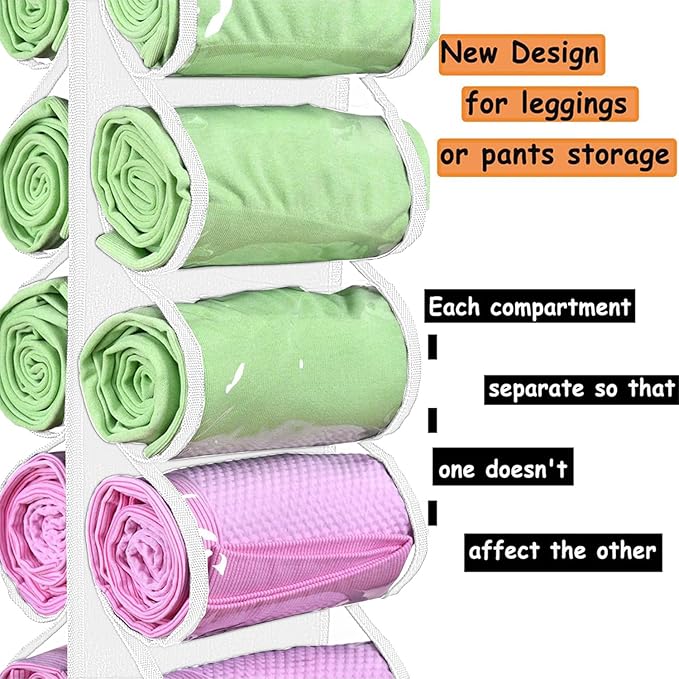 Legging Storage Bag Hanger - Can Hold 24 Leggings, Shirts or Jeans - Foldable Clothes Organizer, Portable Closet Roll Holder 