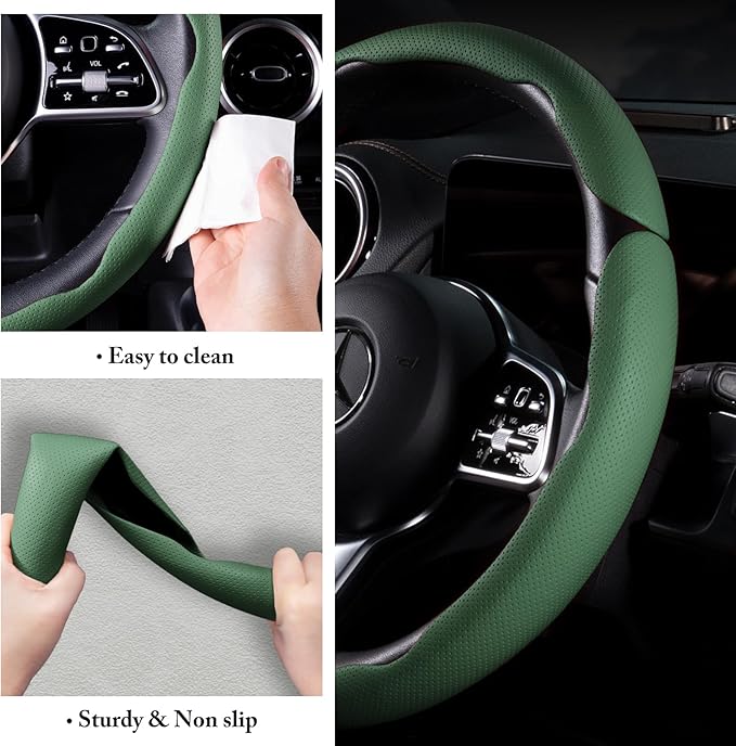 Car Steering Wheel Cover Leather Snap On 3Pcs Set Non-Slip Protector Wrap Steering Wheel Accessories 14.5-15 inch Universal G