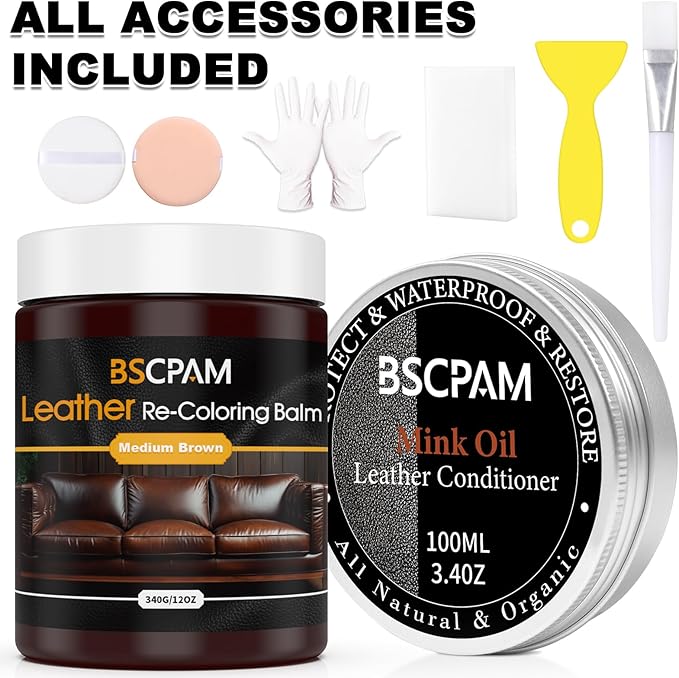 12oz Leather Recoloring Balm & 3.4oz Mink Oil Leather Conditioner kit,Medium Brown Leather Color Repair Kits for Couches, Lea