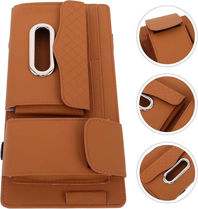 NUOBESTY Car Visor Organizer Clip with Pu Leather Tissue Holder and Sunglasses Case, Vehicle-Mounted Sun Visor Accessory for Travel and Commuting, Multifunctional Interior Pocket in Brown