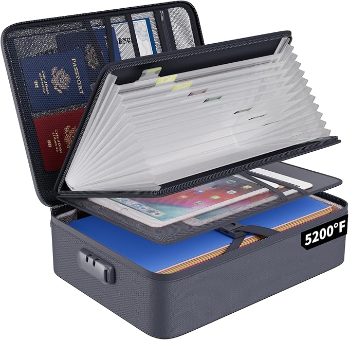 ENGPOW 5200℉ Fireproof File Organizer Bag with 13 Pocket Accordion File Folder,Document Organizer Box with Lock&Labels,Multi-