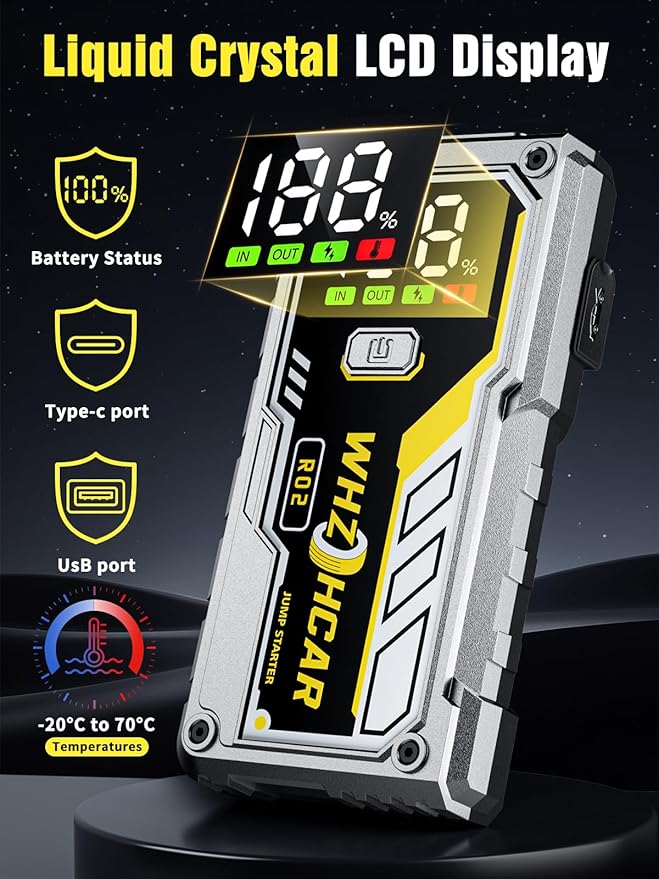 Car Battery Jump Starter 5000A Smart Portable Car Jump Starter Battery Pack (10.0 Gas/9.0L Diesel) 12V Safe Car Jumper with LCD Display Extended Jumper Cables, Fast Charge LED Light