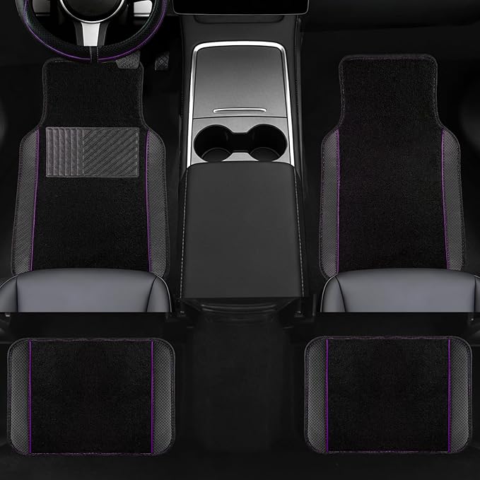 NBTEPEM Waterproof Universal Fit Car Floor Mats, Faux Leather Sporty Car Carpet Mats with Anti-Slip Nibbs Backing & Driver Heel Pad Fit for SUV, Vans, Sedans, Trucks, Set of 4 (Black with Purple line)