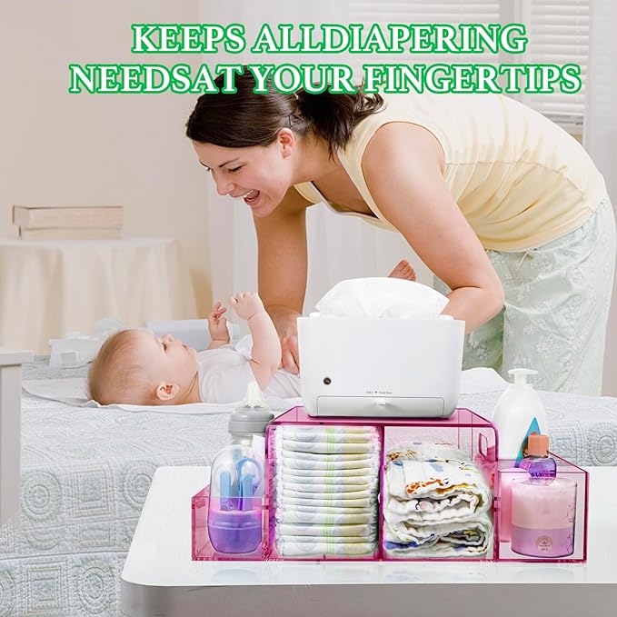 NANYEZH Acrylic Diaper Caddy, Baby Wipes Organizer for Changing Table, Dresser Top Tabletop Organizer with 4 Detachable Compa