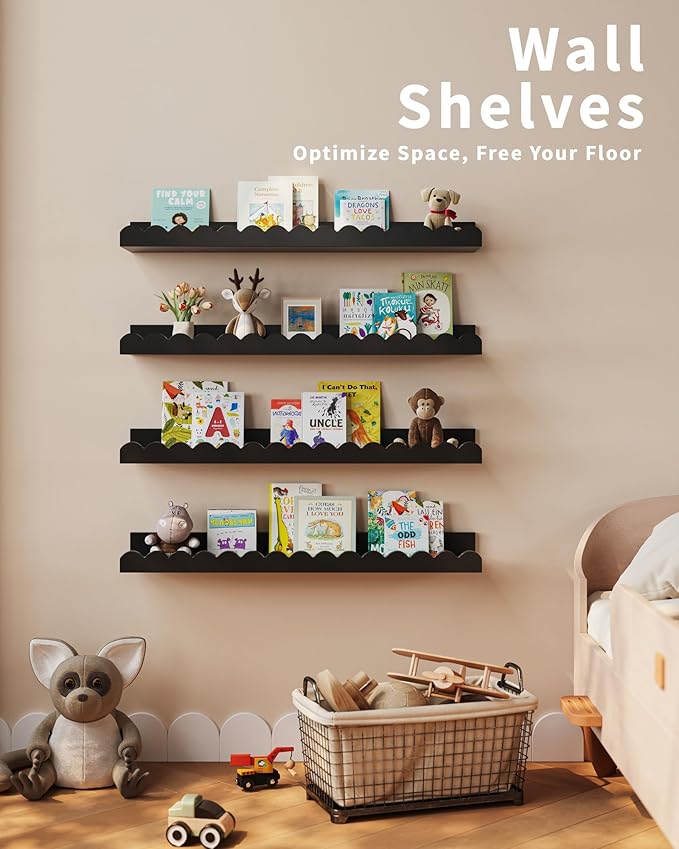 Shario Nursery Book Shelves, 4-Pack Wood Floating Shelves for Wall Kids, Scalloped Shelves, Wall Book Shelves for Bedroom Kid