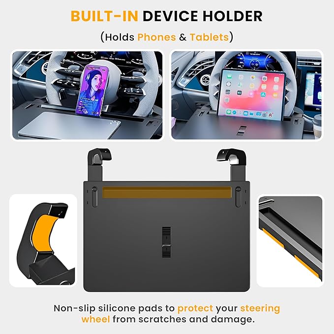 2-in-1 Extendable Steering Wheel Tray with Drawer Anti Slip Protective Adhesive - Adjustable Steering Wheel Desk for Laptop, Eating, Work and Writing - Fits Most Large SUVs,Trucks & Vans