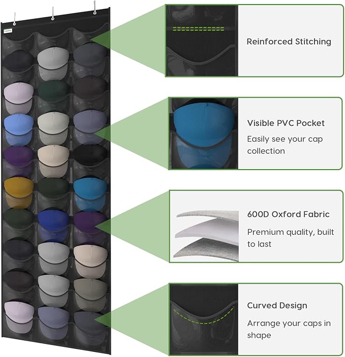 Unjumbly Baseball Hat Rack, 30 Pocket Over-The-Door Hat Organizer with Clear Deep Pockets to Display Baseball Caps Collection