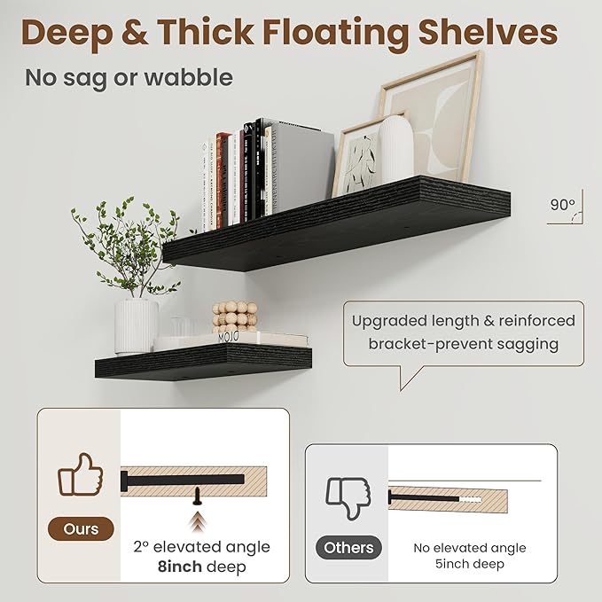55 Inch Floating Shelves for Wall, 8 Inch Deep Floating Shelf for Storage & Display, Rustic Wall Mounted Shelf with Invisible