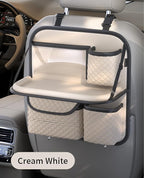 Car Seat Organizer, Backseat Organizer with Foldable Table Tray & Cup Holder, Leather Car Storage for Kids, Women & Mobile Makeup Station, Road Trip Essentials for SUV, Truck, Car (Beige)