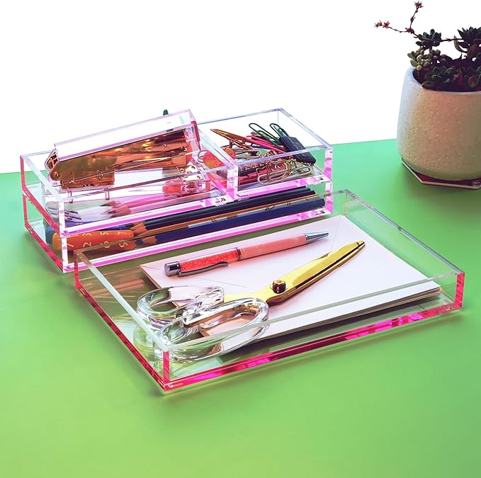 4-Piece Stackable Pink Acrylic Desk Organizer for Office or Home Desk Drawer Dividers, Makeup Vanity Storage Bins, Accessory 