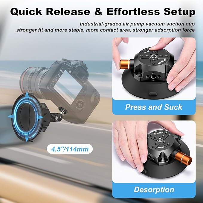 COMAN 4.5'' Suction Cup Camera Mount with Ball Head Magic Arm, Metal Camera Suction Mount for Action Cameras iPhone, Quick Release Car Mount with 1/4" & 3/8" Mounting Holes for Car Windshield Window