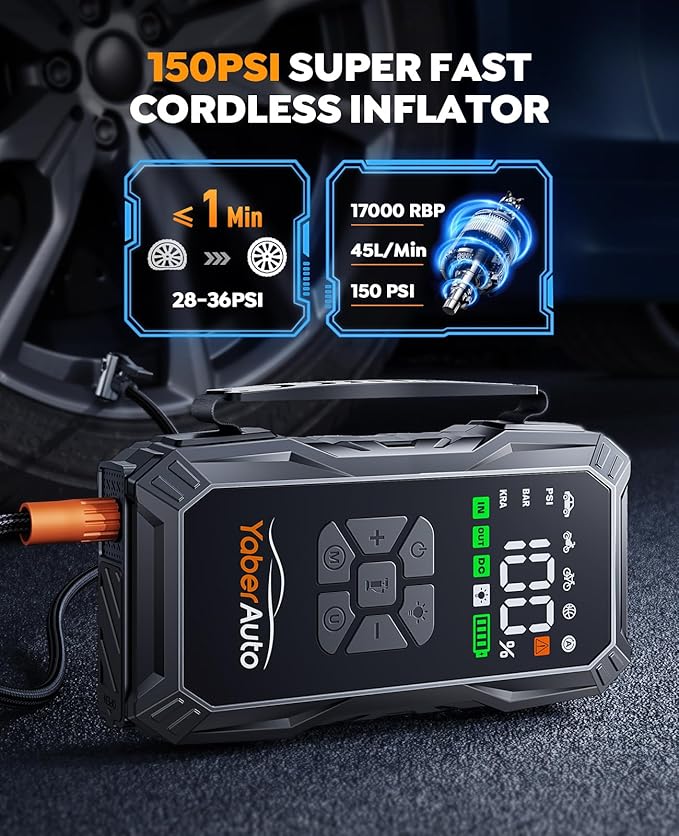 YaberAuto 10-in-1 Jump Starter with Air Compressor 6000A 150PSI Car Battery Jump Starter (All Gas/10L Diesel) 12V Jump Box