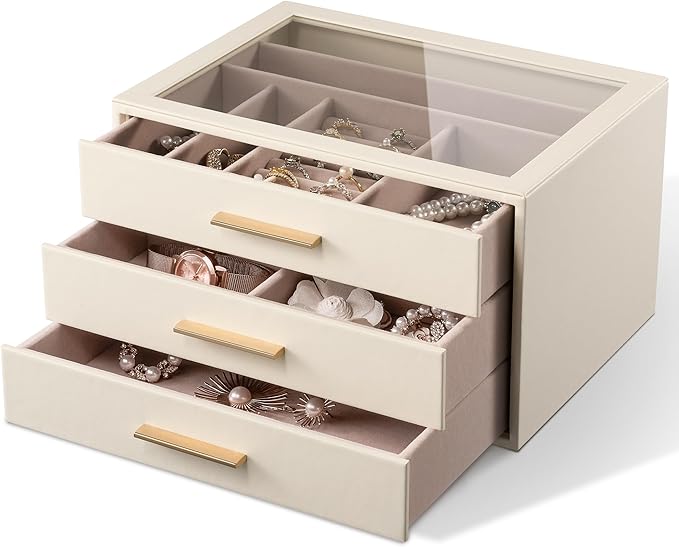 pickpiff Jewelry Box Organizer Case for Women: 3-Layer Jewelry Storage Case with Glass Window, Ivory Leather with Pink Velvet