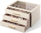 pickpiff Jewelry Box Organizer Case for Women: 3-Layer Jewelry Storage Case with Glass Window, Ivory Leather with Pink Velvet