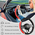 Leather Splicing Black Red White Car Steering Wheel Cover,14.5-15 Inch Universal Microfiber Leather Covers Breathable Anti-Sl