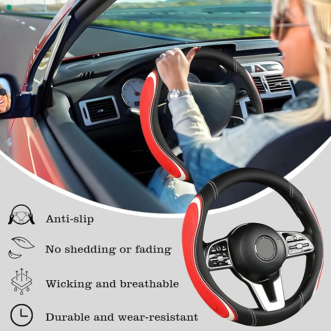 Leather Splicing Black Red White Car Steering Wheel Cover,14.5-15 Inch Universal Microfiber Leather Covers Breathable Anti-Sl