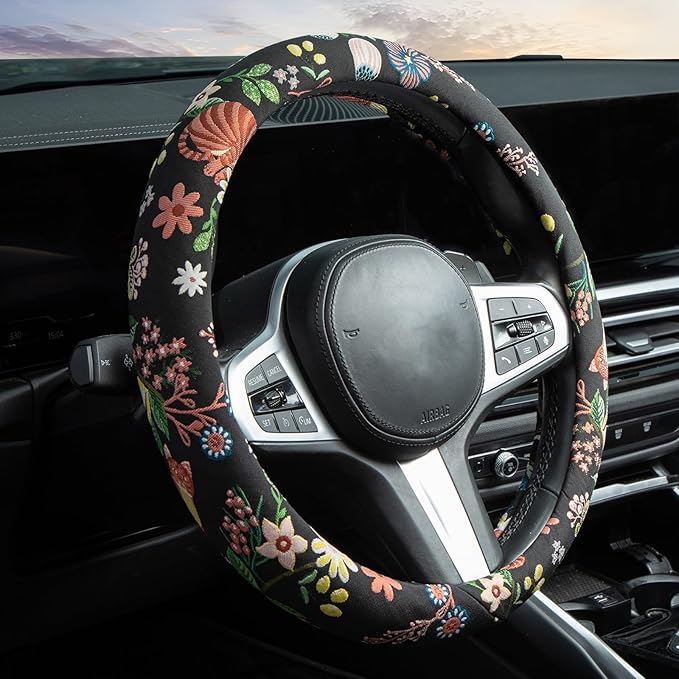 Black Cat Flower Steering Wheel Cover Auto Jacquard Steering Wheel Protector, Anti-Slip, Breathable, Absorbing Sweat, Universal Cat Car Accessories 14.5–15 inch,Fit for Most Car, Trucks, SUV
