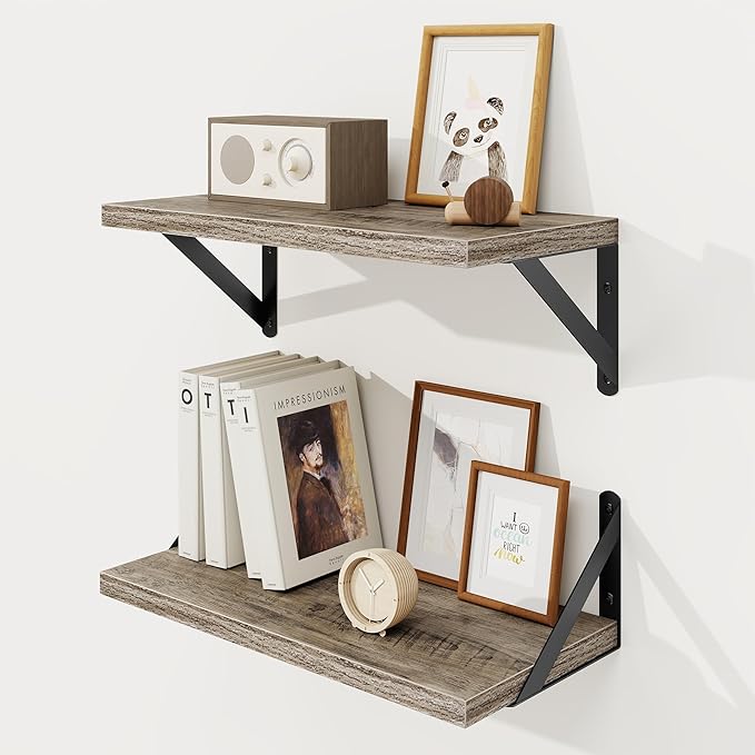 Floating Shelves, 8 Inch Deep Rustic Wood Wall Storage, 16W x 8D Wall Shelves Set of 2, Heavy Duty Metal Brackets, Industrial