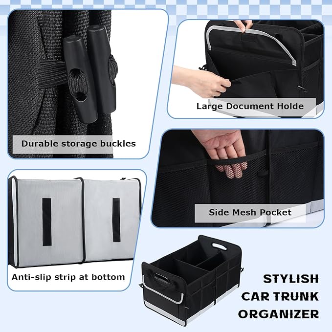 Car Trunk Organizer, 72L Large Capacity Waterproof Auto Storage with Non-Slip Bottom Strips, Collapsible Cargo Organizer for Suv