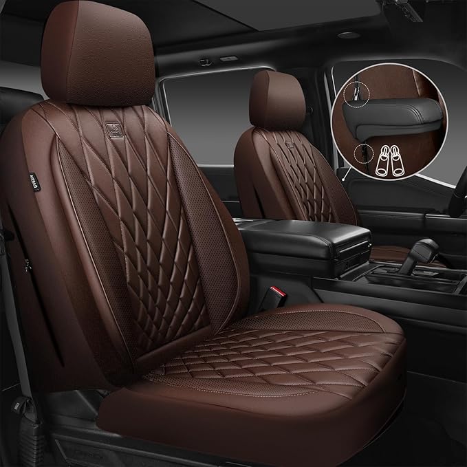 CAR PASS Piping Luxury Faux PU Leather Two Front Car Seat Covers, Waterproof Anti Slip Seat Covers Compatible with Front Seat