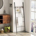 S AFSTAR Wall Leaning Blanket Ladder, 5-Tier Ladder Shelf with 5 Removable Hooks, Industrial Blanket Holder Rack, Drying and 