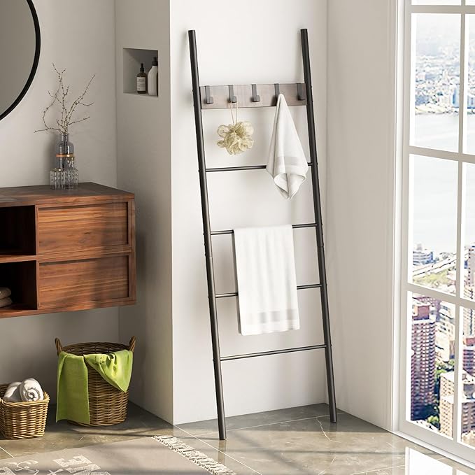 S AFSTAR Wall Leaning Blanket Ladder, 5-Tier Ladder Shelf with 5 Removable Hooks, Industrial Blanket Holder Rack, Drying and 