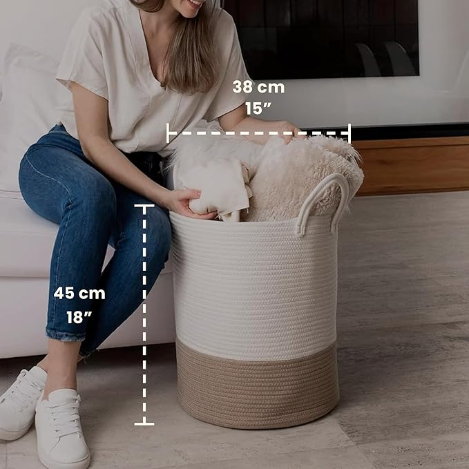OrganiHaus Large Woven Laundry Basket w/Handles 52L, Rope Dirty Clothes Hamper, Blanket Basket for Living Room, Baby Laundry 