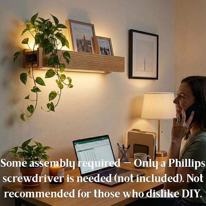 24" Natural Wood LED Floating Shelf, Heavy Duty Solid Pine Decorative Wall Mounted Shelf with Soft Ambient Lights, Minimalist