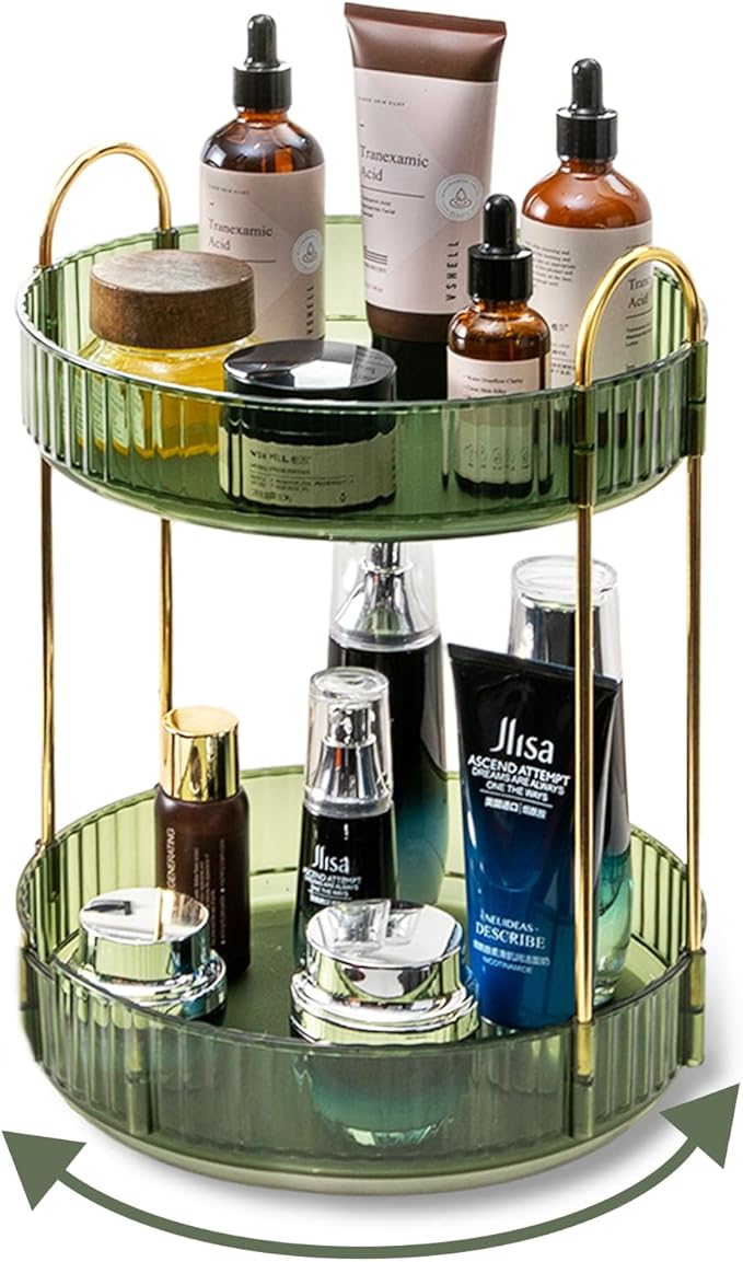 Asayuee 360 Rotating Makeup Organizer for Vanity,2 Tier Large Capacity Skincare Organizers,Bathroom Counter Organizer, Spinni