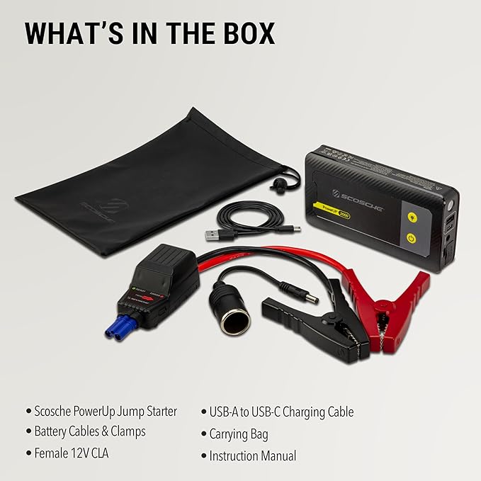 Scosche PBJ2000 Portable Car Battery Jump Starter, 12V Jump Box, 2000A Battery Booster, Jumper Cables Kit for Car (8.0L Gasoline/7.0L Diesel Engines) 30W Fast Charge Power Pack & Charger w/LED Light