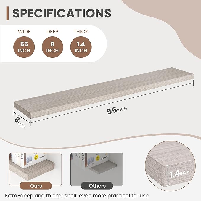 55 Inch Floating Shelves, 8 Inch Deep Floating Shelves for Wall, Hanging Shelf with Invisible Brackets, Deep Shelves for Bath