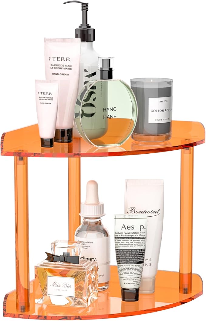 Sezanrpt 2 Tier Countertop Corner Organizer Shelf 7x7x8 Inch, Orange Acrylic Bathroom Corner Shelf for Countertop, Vanity Sto